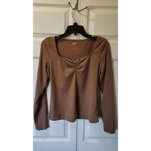 Trendy Queen Camel Brown Ruched Square Neck Long Sleeve Top Medium